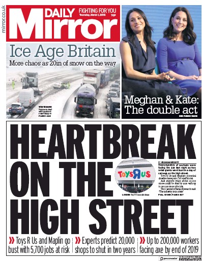 Daily Mirror Newspaper Front Page for 1 March 2018
