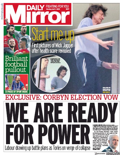 Daily Mirror Newspaper Front Page for 1 April 2019