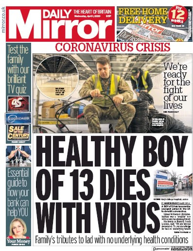 Daily Mirror Newspaper Front Page for 1 April 2020