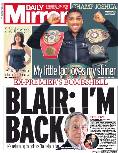Daily Mirror Newspaper Front Page for 1 May 2017