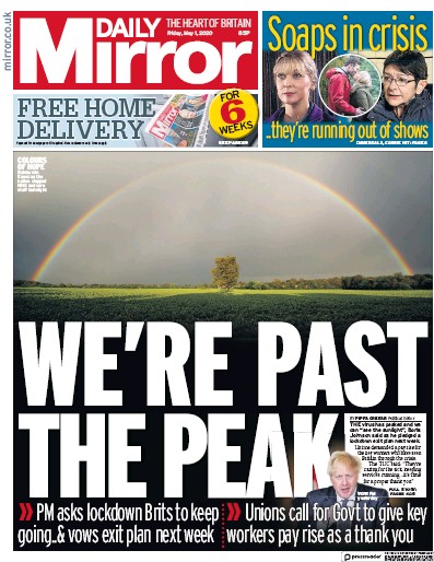 Daily Mirror Newspaper Front Page for 1 May 2020