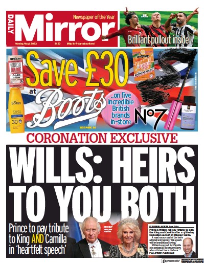 Daily Mirror (UK) Newspaper Front Page for 1 May 2023