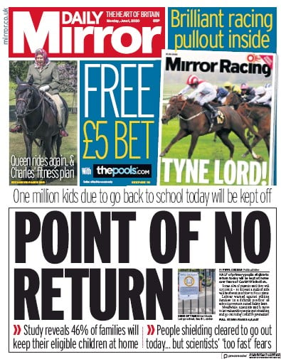 Daily Mirror Newspaper Front Page for 1 June 2020