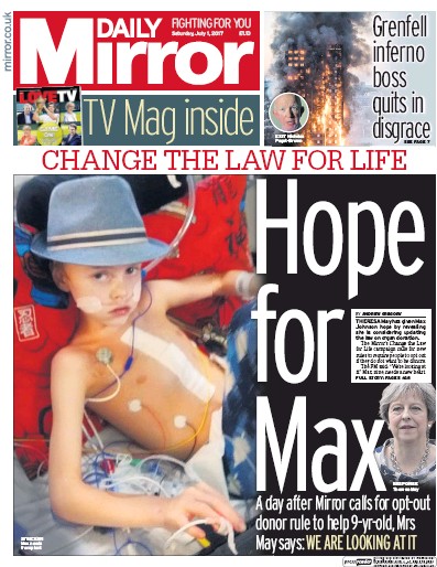 Daily Mirror Newspaper Front Page for 1 July 2017