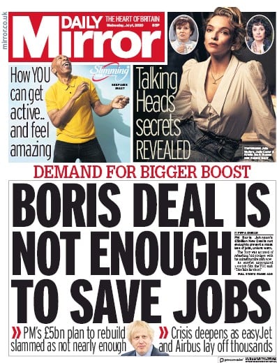 Daily Mirror Newspaper Front Page for 1 July 2020