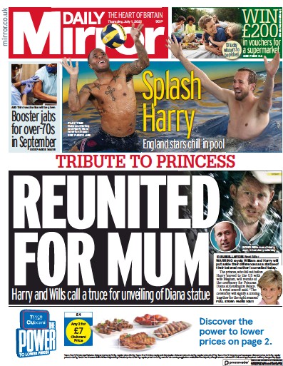 Daily Mirror (UK) Newspaper Front Page for 1 July 2021