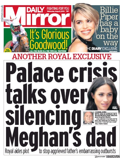 Daily Mirror (UK) Newspaper Front Page for 1 August 2018