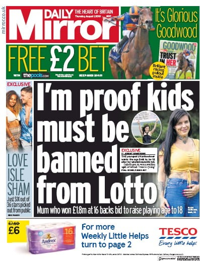 Daily Mirror Newspaper Front Page for 1 August 2019