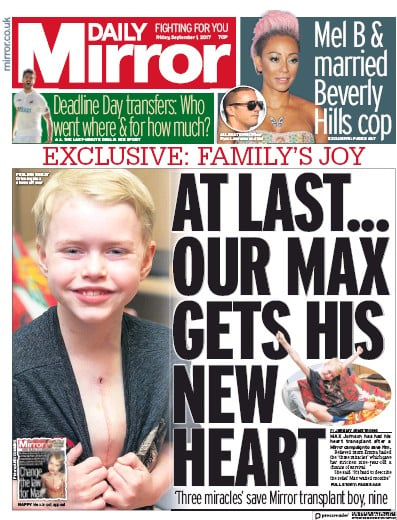 Daily Mirror Newspaper Front Page for 1 September 2017