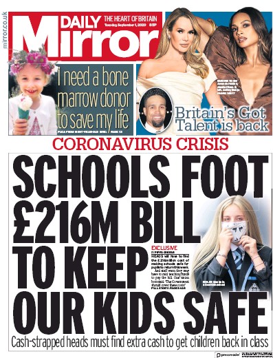 Daily Mirror Newspaper Front Page for 1 September 2020