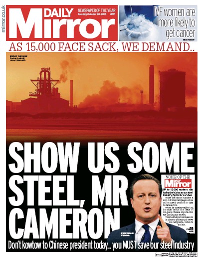 Daily Mirror Newspaper Front Page for 20 October 2015