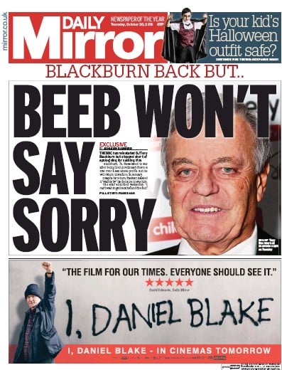 Daily Mirror Newspaper Front Page for 20 October 2016