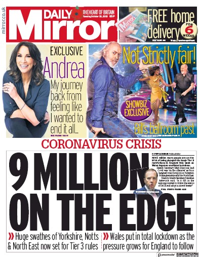 Daily Mirror Newspaper Front Page for 20 October 2020