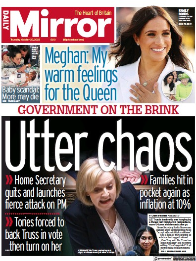Daily Mirror Newspaper Front Page for 20 October 2022