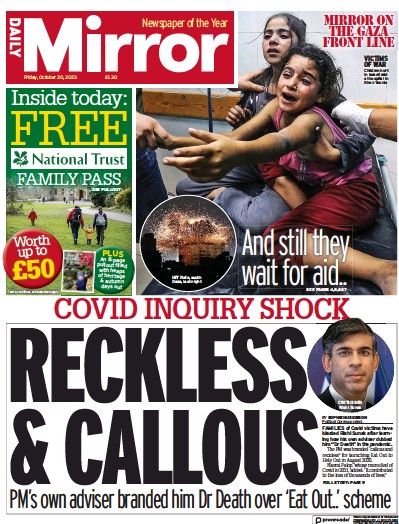 Daily Mirror (UK) Newspaper Front Page for 20 October 2023