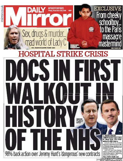 Daily Mirror Newspaper Front Page for 20 November 2015