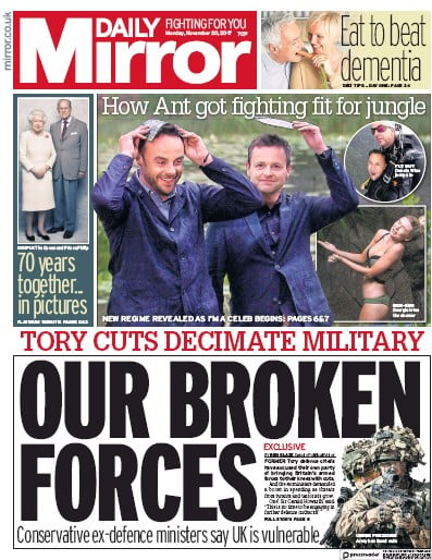 Daily Mirror Newspaper Front Page for 20 November 2017
