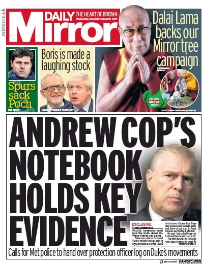 Daily Mirror Newspaper Front Page for 20 November 2019