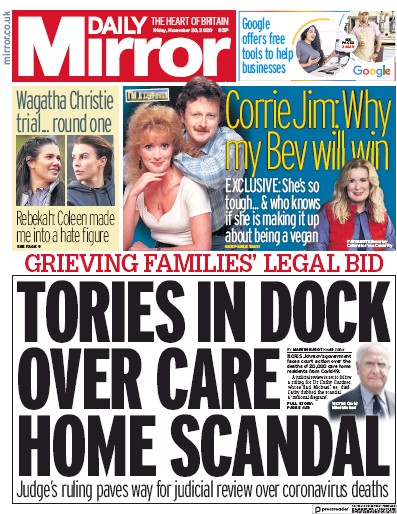 Daily Mirror (UK) Newspaper Front Page for 20 November 2020