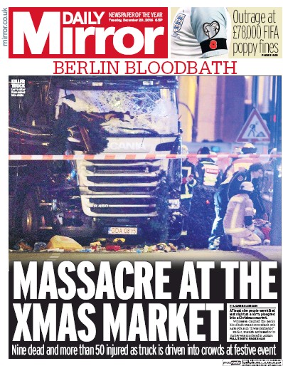 Daily Mirror Newspaper Front Page for 20 December 2016