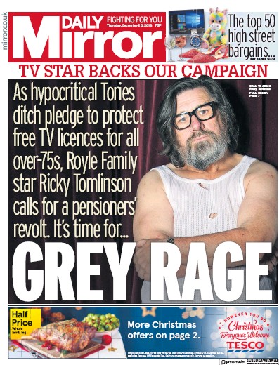 Daily Mirror (UK) Newspaper Front Page for 20 December 2018