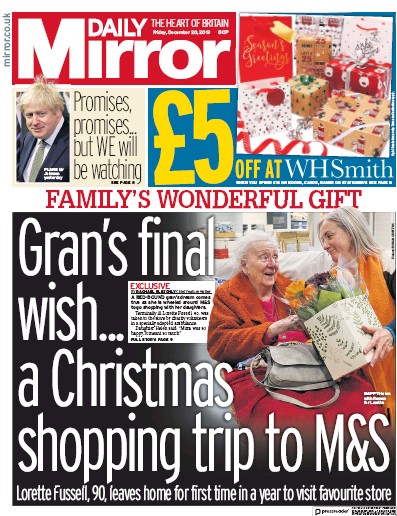 Daily Mirror Newspaper Front Page for 20 December 2019