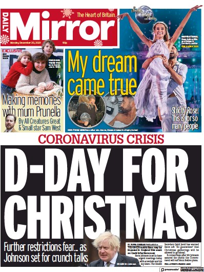 Daily Mirror (UK) Newspaper Front Page for 20 December 2021