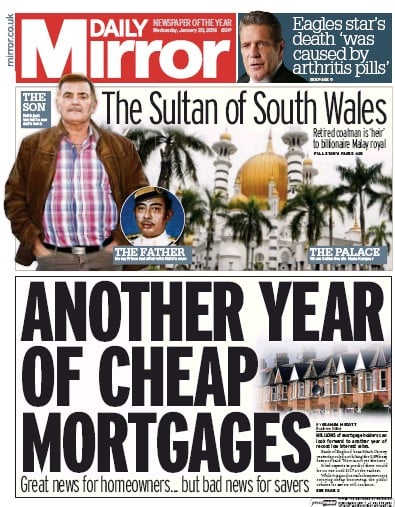 Daily Mirror Newspaper Front Page for 20 January 2016