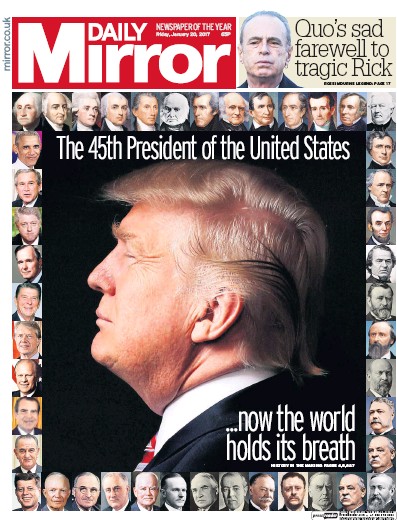 Daily Mirror Newspaper Front Page for 20 January 2017
