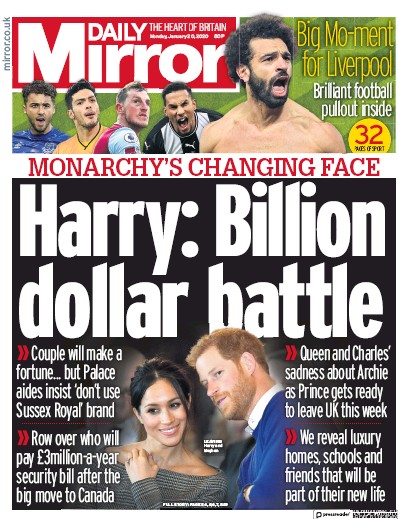 Daily Mirror Newspaper Front Page for 20 January 2020