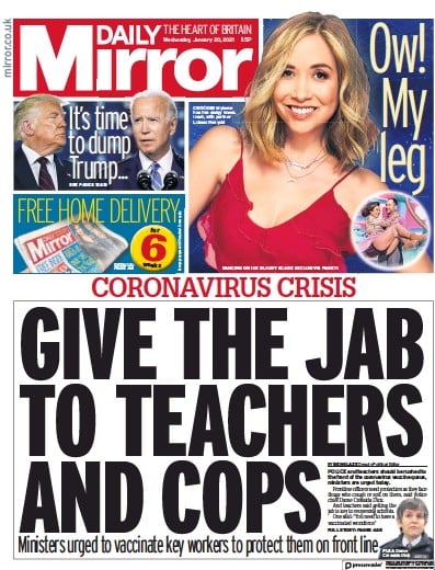 Daily Mirror Newspaper Front Page for 20 January 2021