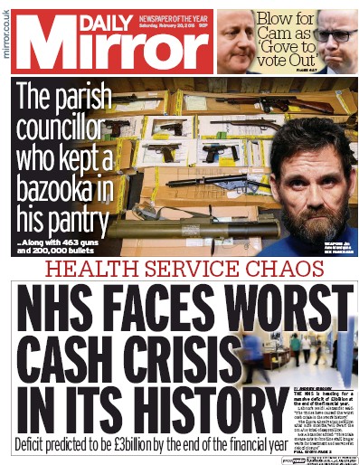 Daily Mirror Newspaper Front Page for 20 February 2016