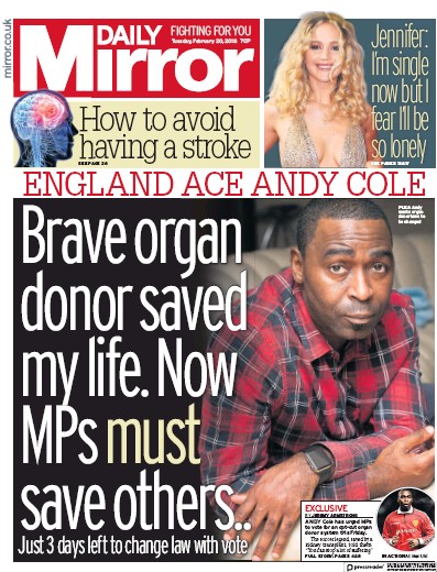 Daily Mirror Newspaper Front Page for 20 February 2018