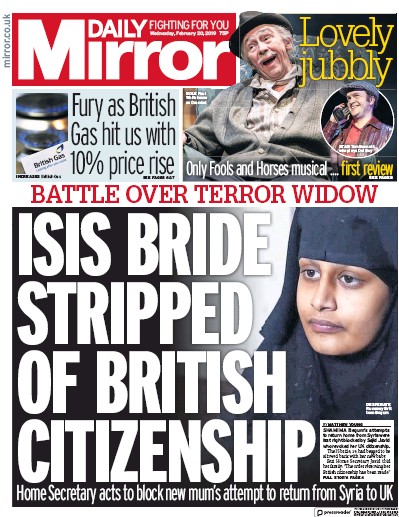 Daily Mirror Newspaper Front Page for 20 February 2019