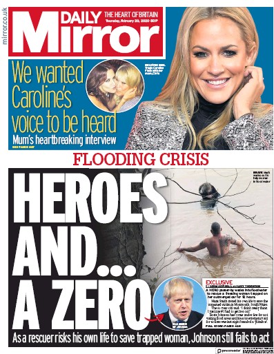 Daily Mirror Newspaper Front Page for 20 February 2020