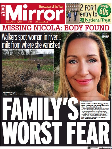 Daily Mirror (UK) Newspaper Front Page for 20 February 2023