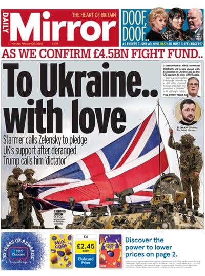 Daily Mirror (UK) Newspaper Front Page for 20 February 2025