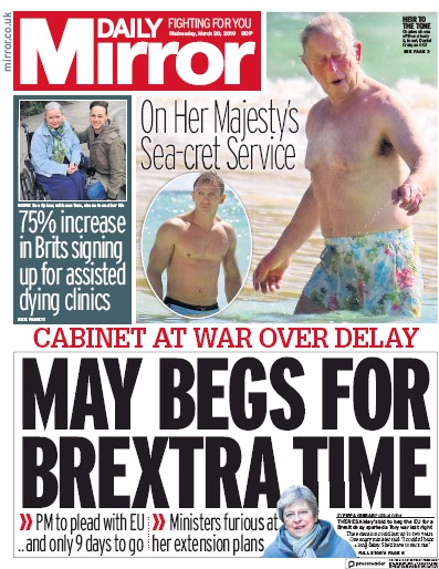 Daily Mirror Newspaper Front Page for 20 March 2019