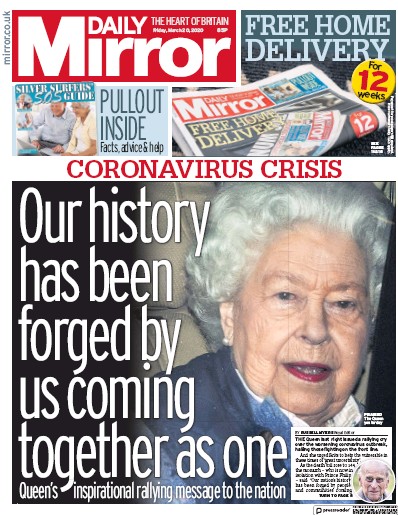 Daily Mirror Newspaper Front Page for 20 March 2020