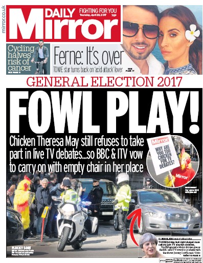 Daily Mirror Newspaper Front Page for 20 April 2017