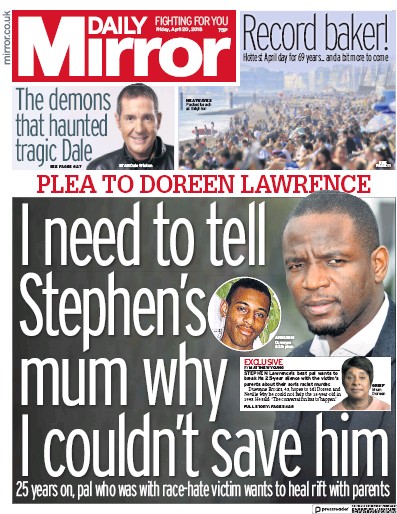 Daily Mirror Newspaper Front Page for 20 April 2018