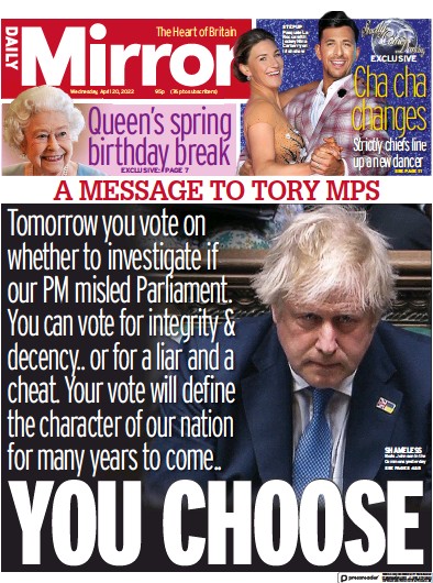 Daily Mirror Newspaper Front Page for 20 April 2022