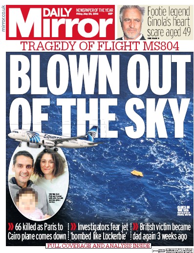 Daily Mirror Newspaper Front Page for 20 May 2016