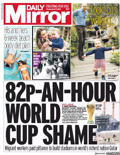 Daily Mirror Newspaper Front Page for 20 May 2019