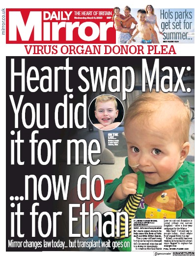 Daily Mirror Newspaper Front Page for 20 May 2020