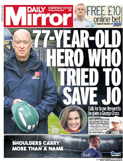 Daily Mirror Newspaper Front Page for 20 June 2016