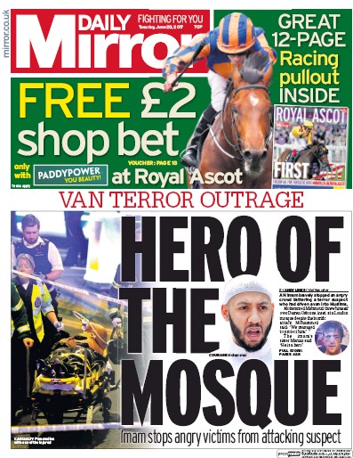 Daily Mirror Newspaper Front Page for 20 June 2017