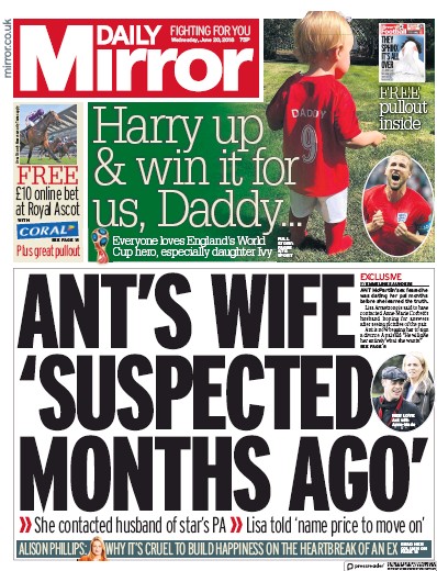 Daily Mirror (UK) Newspaper Front Page for 20 June 2018