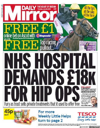 Daily Mirror Newspaper Front Page for 20 June 2019
