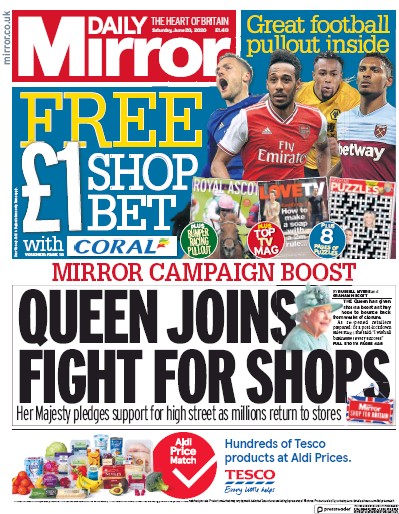Daily Mirror Newspaper Front Page for 20 June 2020